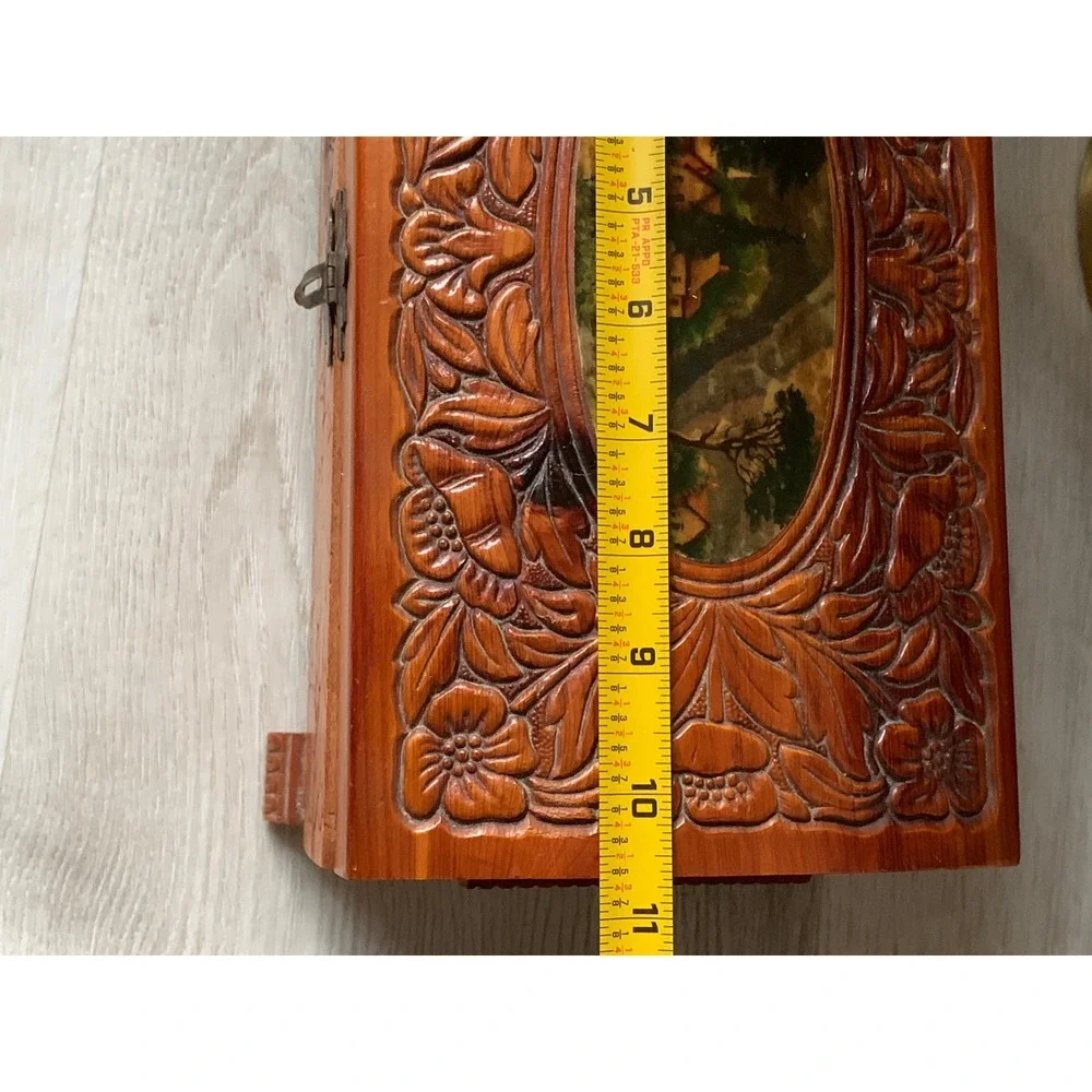 Vintage Hand Carved Wood Jewelry Box Floral‎ Relief Scenic Inset Mirror Footed